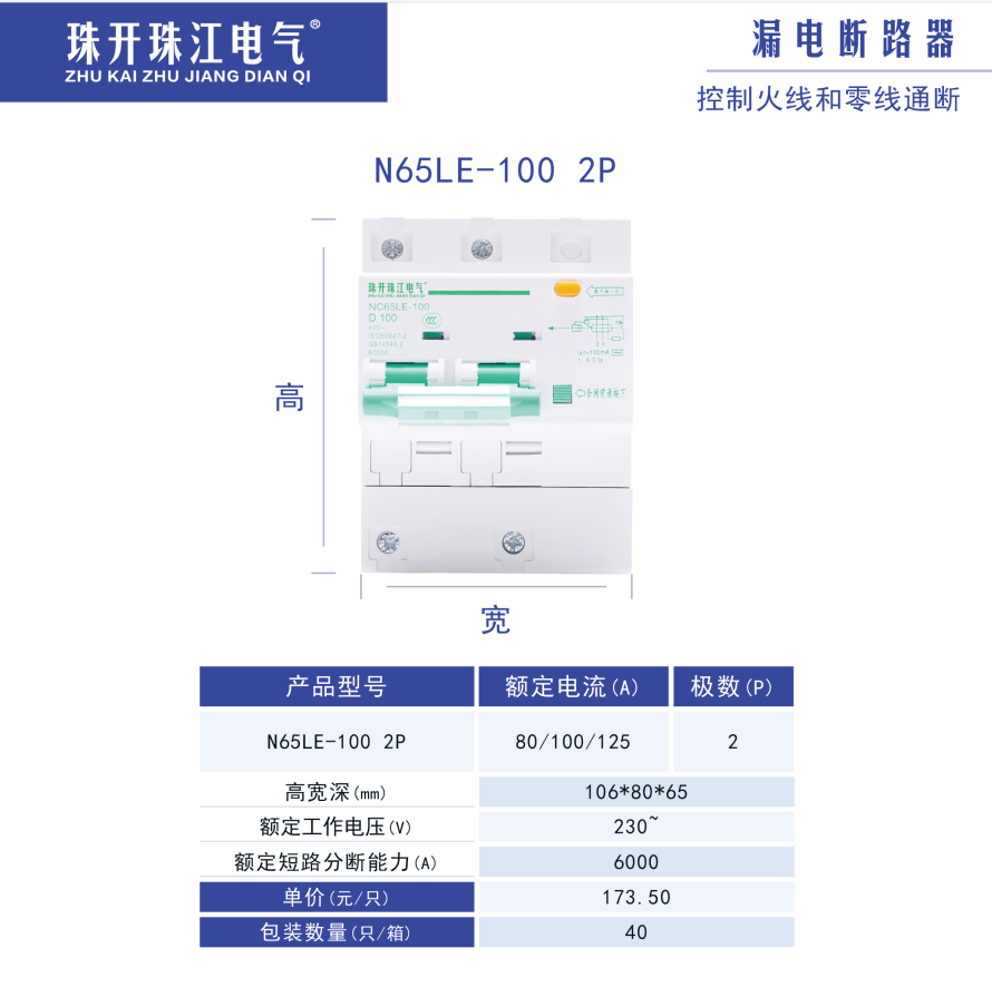 (珠开)珠江、2P 漏电开关 100A
